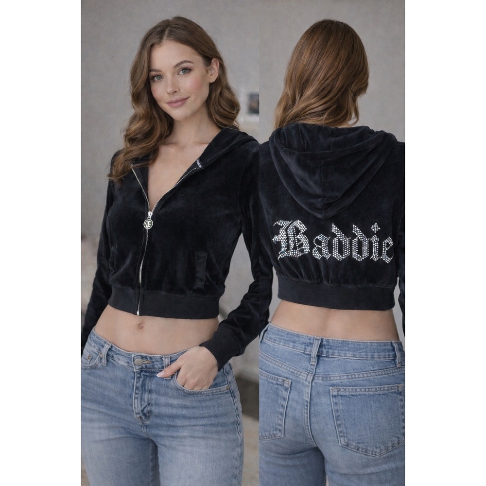 Juicy Couture Y2K Velour Cropped Hoodie Rhinestone Baddie Zip Up Size S